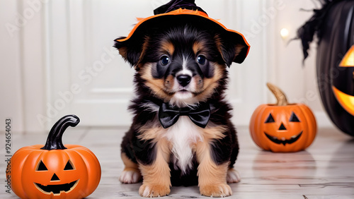 Adorable puppy on Halloween day, cute puppy wearing Halloween costume, Halloween background, ai generated