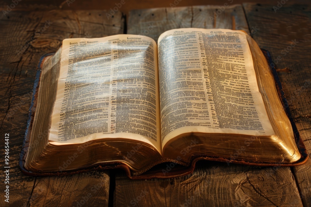 Obraz premium A person holds an open bible on a wooden table, perfect for devotional or study purposes