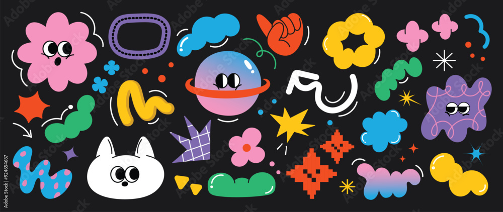 Set of funky groovy element vector. Collection of cartoon characters, cute doodle dawn, sparkle, flower, cloud, saturn, bear. Retro hippie design for decorative, sticker, toys and kids. Set of funky groovy element vector. Collection of cartoon characters, cute doodle dawn, sparkle, flower, cloud, saturn, bear. Retro hippie design for decorative, sticker, toys and kids.