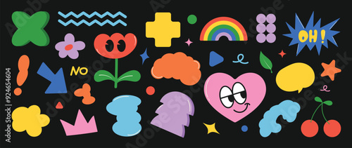 Set of funky groovy element vector. Collection of cartoon characters, cute doodle dawn, sparkle, flower, cloud, rainbow, heart. Retro hippie design for decorative, sticker, toys and kids. 