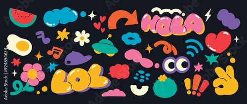 Set of funky groovy element vector. Collection of cartoon characters, cute doodle dawn, spaceship, heart, flower, watermelon. Retro hippie design for decorative, sticker, toys and kids. 