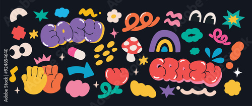Set of funky groovy element vector. Collection of cartoon characters, cute doodle dawn, sparkle, flower, cloud, mushroom. Retro hippie design for decorative, sticker, toys and kids. 