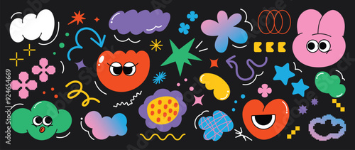 Set of funky groovy element vector. Collection of cartoon characters, cute doodle dawn, sparkle, flower, cloud, heart, rabbit. Retro hippie design for decorative, sticker, toys and kids. 