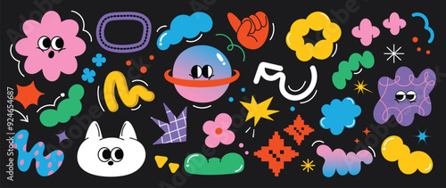 Set of funky groovy element vector. Collection of cartoon characters, cute doodle dawn, sparkle, flower, cloud, saturn, bear. Retro hippie design for decorative, sticker, toys and kids. 
