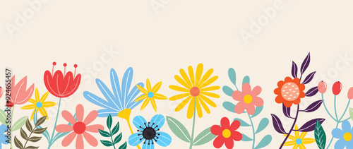 Spring flat flower background vector. Horizontal seamless floral pattern. Botanical art print for Happy Easter, Folk style home decor , Wall decoration, and fabric. 
