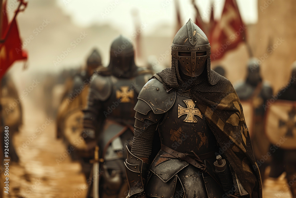 Group of medieval templar knights in full armor marching with banners in a misty background. Concepts of history, warfare, and medieval culture. Group of medieval templar knights in full armor marching with banners in a misty background. Concepts of history, warfare, and medieval culture.