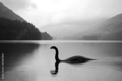 A Silhouette of the Loch Ness Monster in a Calm Lake with Foggy Mountains in the Background #924655802