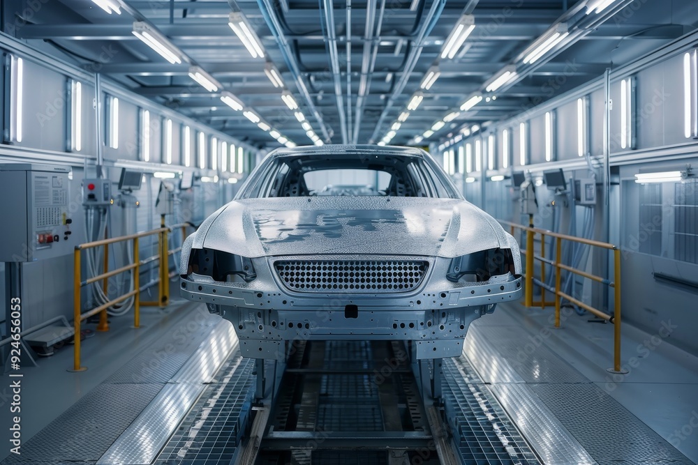Obraz premium Automotive industry car body assembly line in high tech factory checking cars before painting