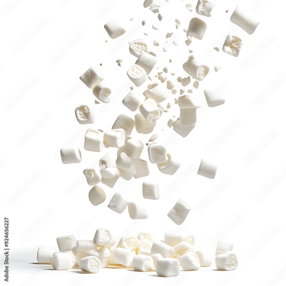 Falling marshmallow isolated on white background, full depth of field Falling marshmallow isolated on white background, full depth of field