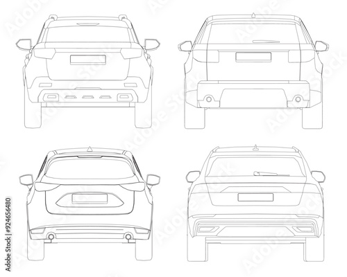 Set of contours different models of cars. Vector flat style illustration. Back view car vector illustration