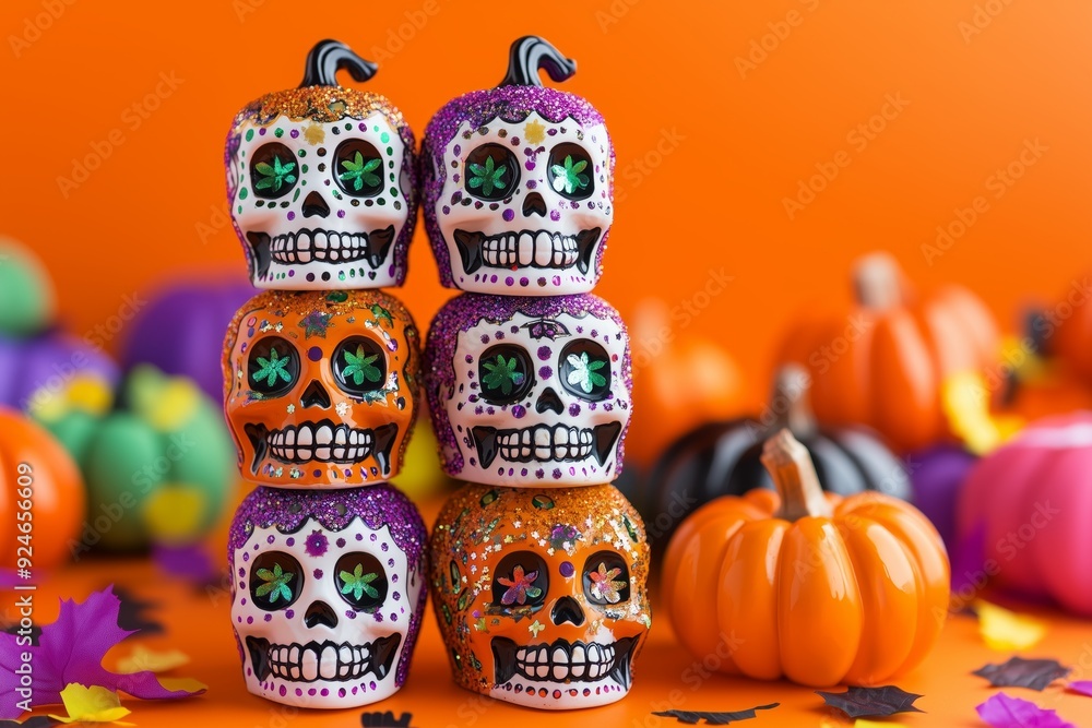 Fototapeta premium dia de los muertos sugar skulls stacked on top of each other, surrounded by flying confetti and pumpkins, orange background, Halloween vibe 