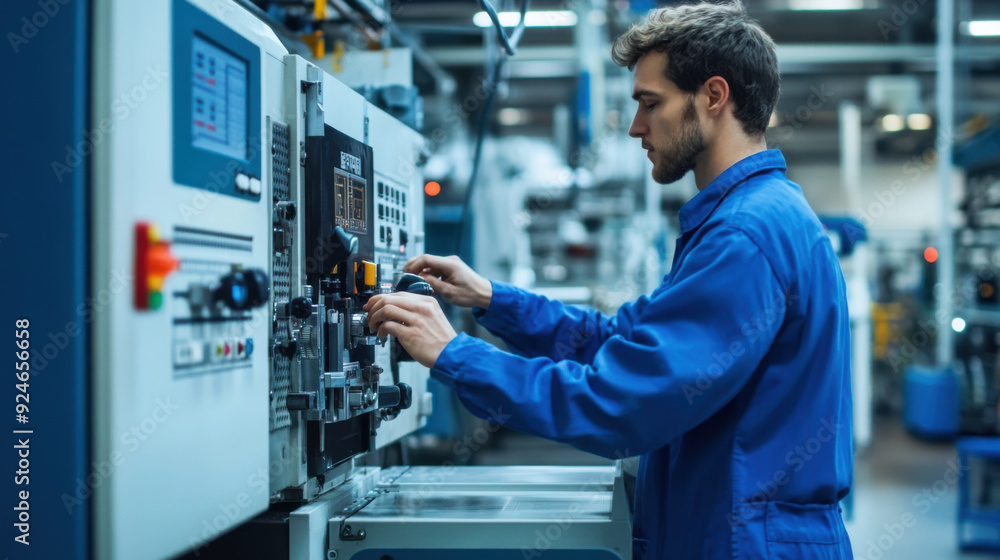 A factory worker in blue coveralls, adjusting the settings on a control panel, ensuring A factory worker in blue coveralls, adjusting the settings on a control panel, ensuring