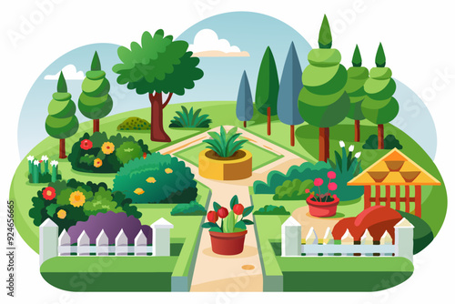 A whimsical garden with a path, flowers, trees, and a white picket fence