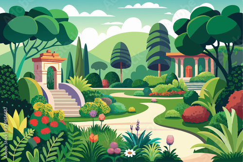 Lush Green Garden with Winding Path and Stone Archway