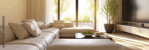 A cozy modern living room featuring a large sectional, floor-to-ceiling windows with abundant natural light, and a touch of greenery.