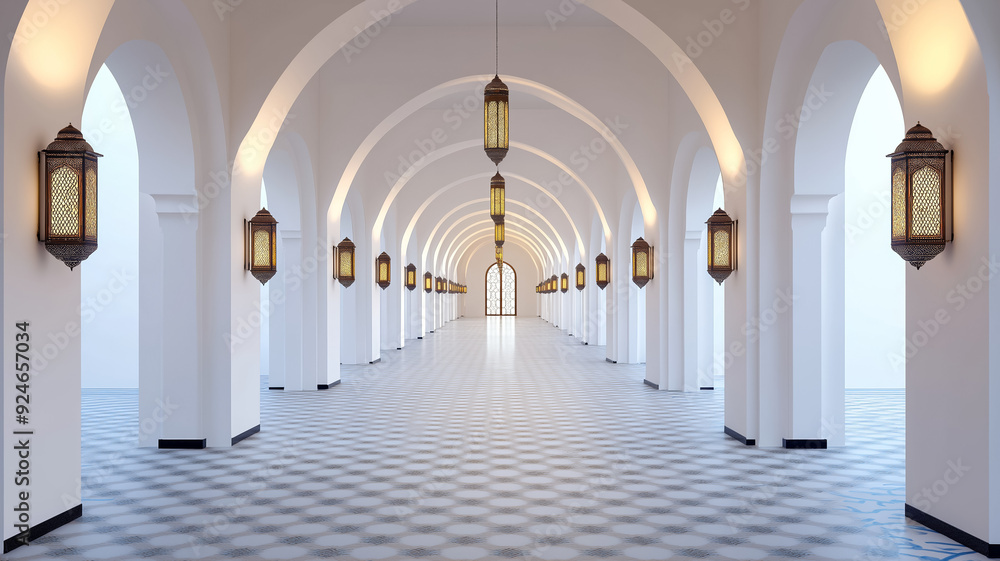 A Moroccan inspired hallway with arched doorways patterned tiles and lanterns lining the walls creating a grand entrance A Moroccan inspired hallway with arched doorways patterned tiles and lanterns lining the walls creating a grand entrance