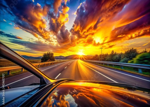 vibrant warm golden hour highway road trip car wipers change sweeping curves cinematic composition dynamic movement bold colorful sunset clouds freedom joy adventure