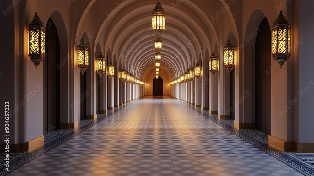 A Moroccan inspired hallway with arched doorways patterned tiles and lanterns lining the walls creating a grand entrance A Moroccan inspired hallway with arched doorways patterned tiles and lanterns lining the walls creating a grand entrance