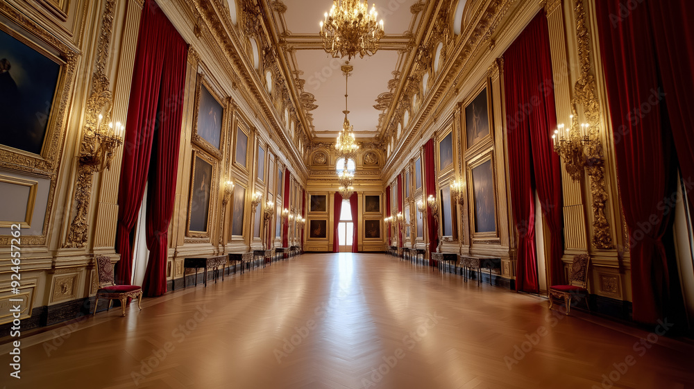 A Rococo gallery with walls covered in elaborate paintings golden frames and sumptuous drapery A Rococo gallery with walls covered in elaborate paintings golden frames and sumptuous drapery