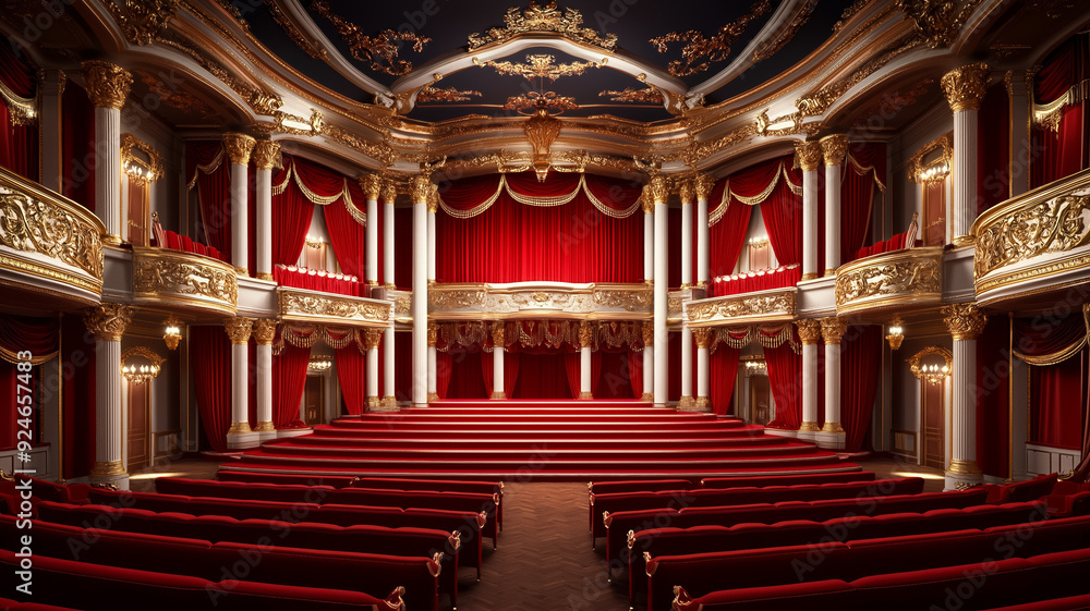 Obraz premium A Rococo theater featuring a grand stage ornate balconies and plush red seats with gold trimmings