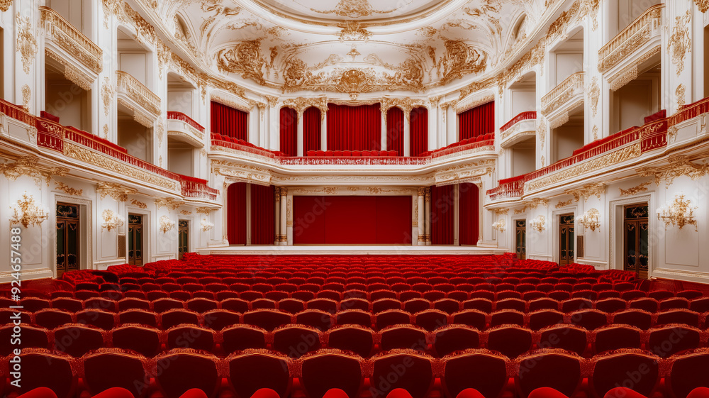Obraz premium A Rococo theater featuring a grand stage ornate balconies and plush red seats with gold trimmings
