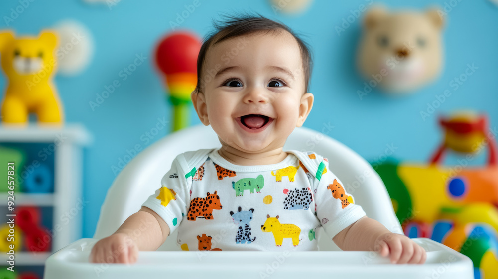 A baby wearing a tee with playful animal prints sitting in a high chair surrounded by colorful toys A baby wearing a tee with playful animal prints sitting in a high chair surrounded by colorful toys
