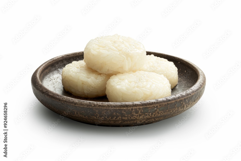 A plate of four round rice cakes, showcasing a simple and traditional food presentation. A plate of four round rice cakes, showcasing a simple and traditional food presentation.