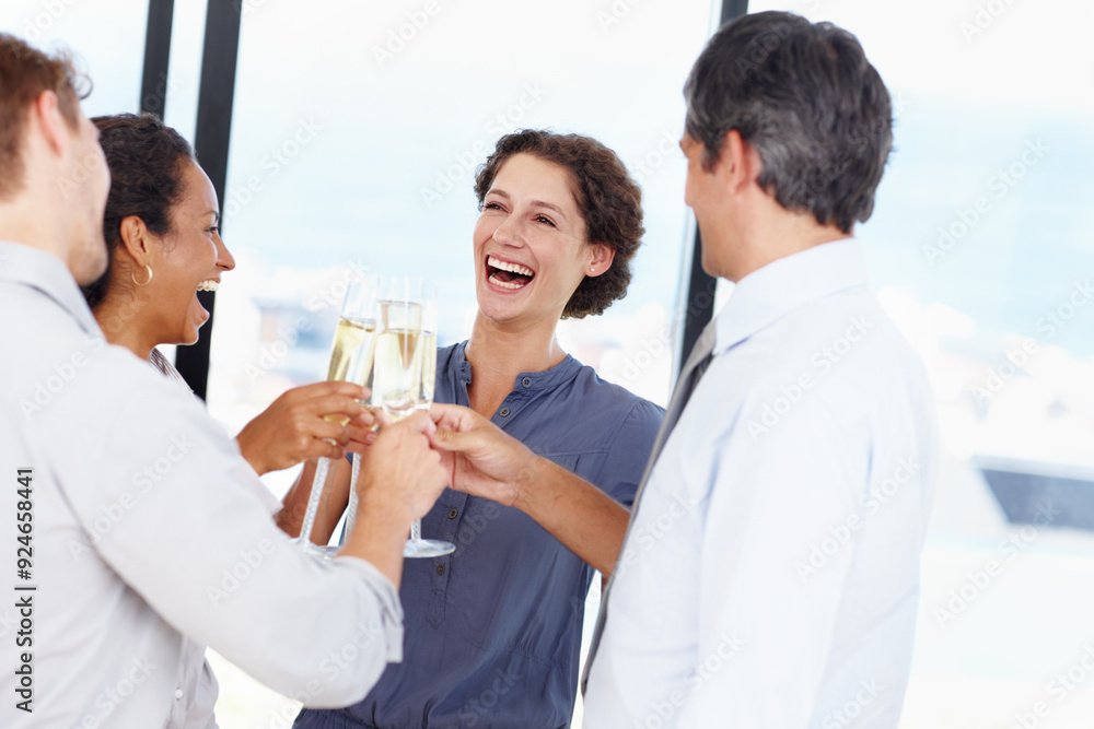 Business, people and cheers with champagne glasses in office for success, celebration and achievement. Employees, partners and excited or happy with alcohol for teamwork, collaboration and toast Business, people and cheers with champagne glasses in office for success, celebration and achievement. Employees, partners and excited or happy with alcohol for teamwork, collaboration and toast