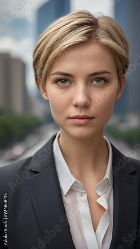 Portrait of a young woman with a short haircut in a business suit against the backdrop of a modern city.