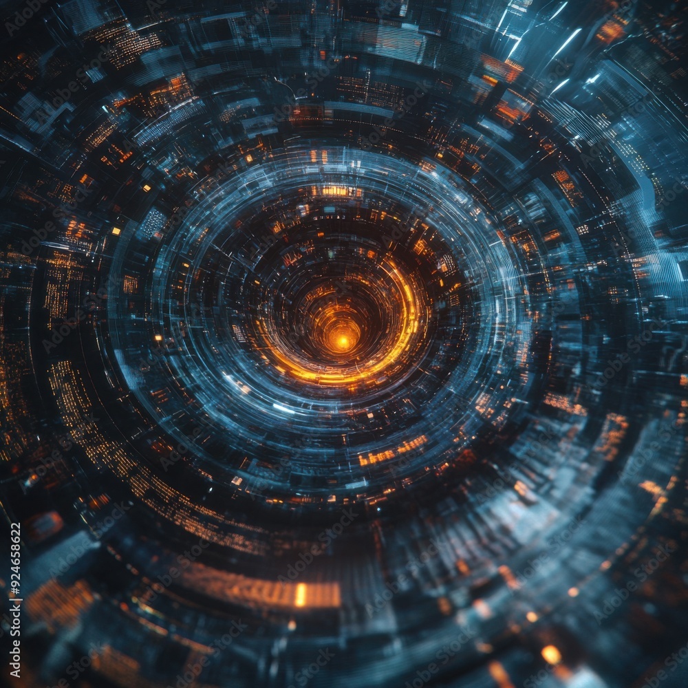 Fototapeta premium Futuristic AI Algorithm: Glowing Data Spiral Surrounded by Technological Interfaces