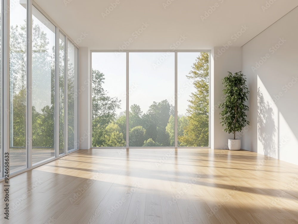 Fototapeta premium A large, empty room with a large window and a potted plant