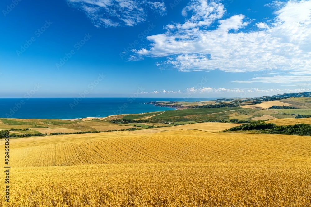Aerial view stunning contrast of golden wheat fields against blue sky and ocean Aerial view stunning contrast of golden wheat fields against blue sky and ocean