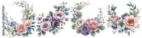 Watercolor Pastel Pink and Lavender Peony Garland with Light Gray Eucalyptus Watercolor collection of hand drawn flowers , Botanical plant illustration transparent background, PNG