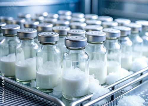 Lyophilizing Pharmaceutical Vials: Scientific preservation, cold, sterile, white, delicate