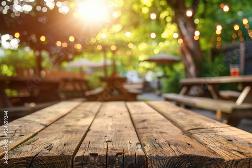 Outdoor Recreation Background. Empty Wooden Table for Bar-B-Q Party Outdoors