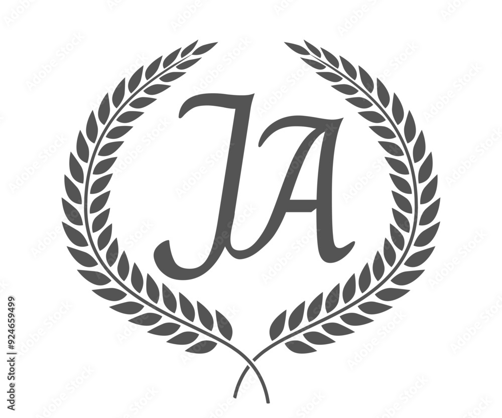Initial letter J and A, JA monogram logo design with laurel wreath. Luxury calligraphy font. Initial letter J and A, JA monogram logo design with laurel wreath. Luxury calligraphy font.