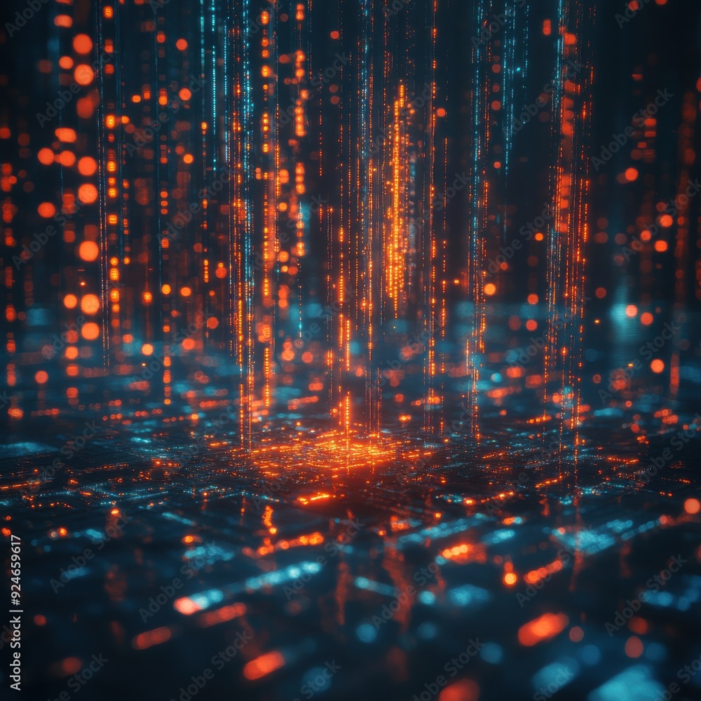 Obraz premium Digital Evolution - AI Algorithm in Futuristic Environment with Glowing Technology and Binary Code