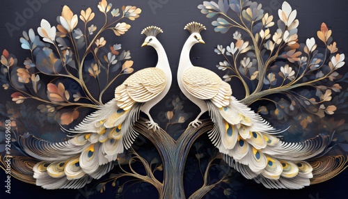 Fototapeta Naklejka Na Ścianę i Meble -  Peacock feather pattern, Elegant Peacocks Perched on Golden Branches, Luxurious 3D Wall Art with White and Blue Feathers