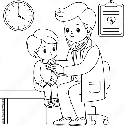 Doctor examining a child patient with a stethoscope in a clinic outline coloring page. Doctors Day, Labor Day hand drawn clip art