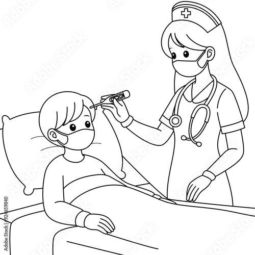 Nurse checking a patient's temperature in a hospital room outline coloring page