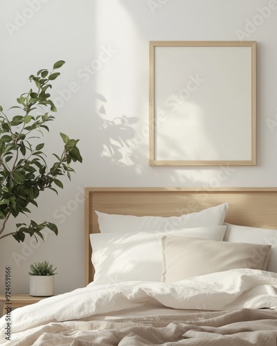 A bed with a white comforter and pillows, a potted plant
