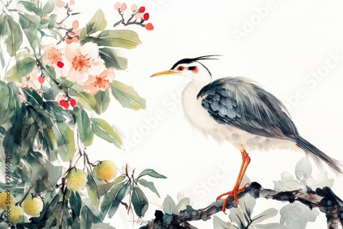 Watercolor Painting of a Bird Perched on a Branch with Blossoms and Fruit