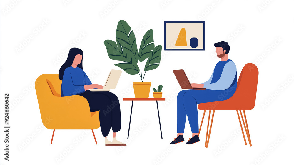 A couple in their living room comparing two different sets of home office furniture on a laptop screen A couple in their living room comparing two different sets of home office furniture on a laptop screen