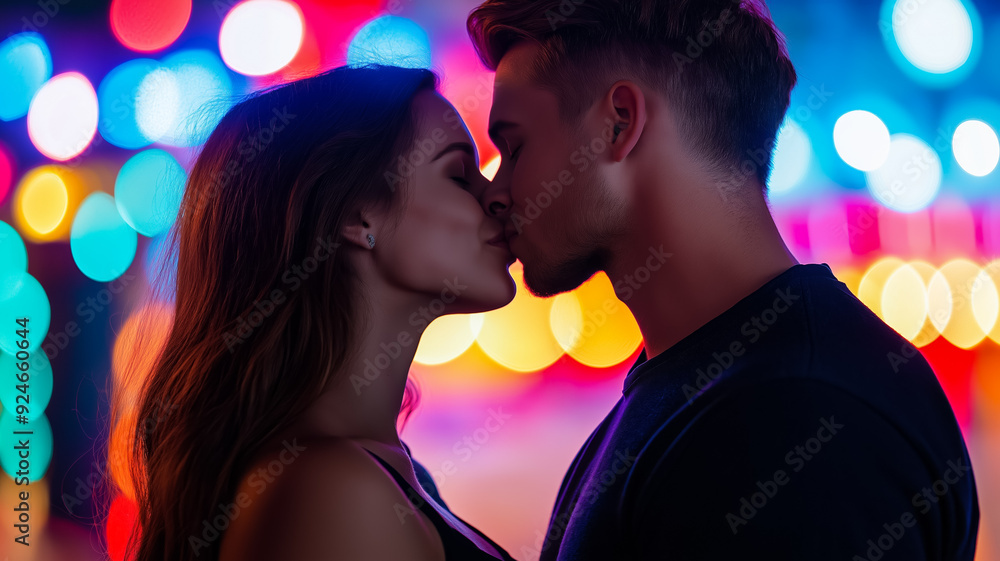 A couple sharing a kiss with an amusement park blurred in the background romantic atmosphere with twinkling lights A couple sharing a kiss with an amusement park blurred in the background romantic atmosphere with twinkling lights