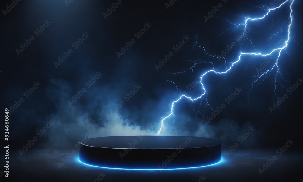 Black podium with blue neon light and lightning bolt backdrop Black podium with blue neon light and lightning bolt backdrop