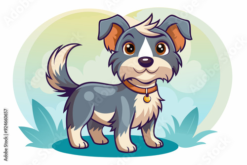 Cartoon Illustration of a Happy Grey and White Dog with a Bell Collar