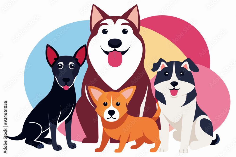 Four Happy Dogs Sitting Together in Front of Colorful Circles Four Happy Dogs Sitting Together in Front of Colorful Circles