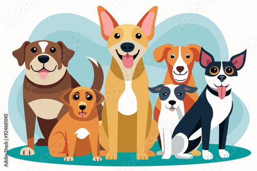 Five Smiling Cartoon Dogs Sitting Together on Green Grass
