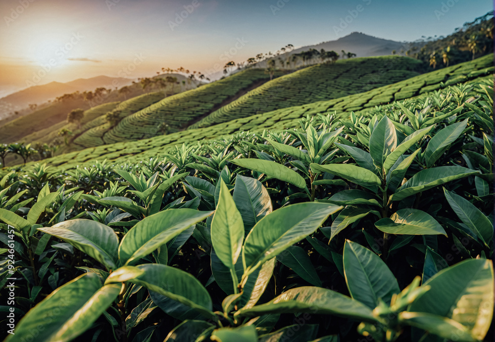 Close up leaves of the famous Ceylon tea on the hills of Sri Lanka during the golden hour during sunset. Close up leaves of the famous Ceylon tea on the hills of Sri Lanka during the golden hour during sunset.