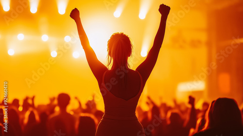 A fan participating in a cosplay contest on stage confidently displaying their costume to the cheering audience 